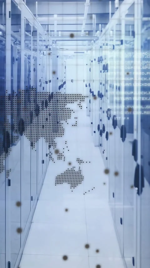 Vertical video: Camera tracking down datacenter aisle, showing map, floating Stock Footage 331270762