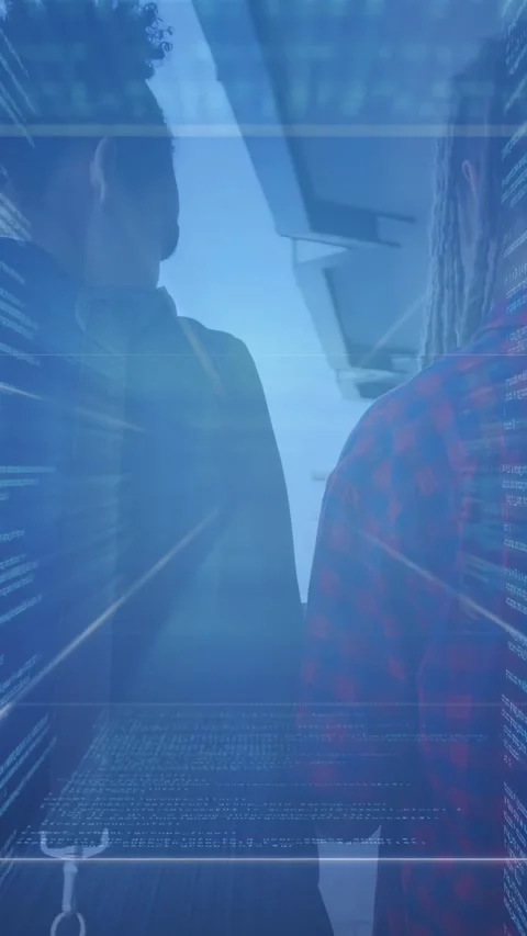 Vertical video: Camera trailing two men heading to horizon, blue glitch overlay Stock Footage 329961857