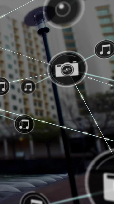 Vertical video: Camera UI appearing, AR overlay nodes growing across lamp post, Stock Footage 330395663