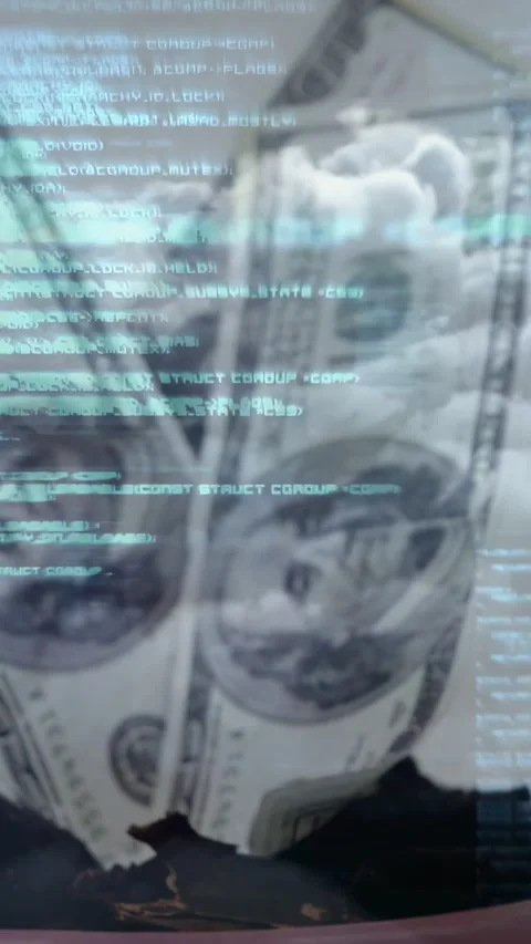 Vertical video: Camera zooming, dollars tilting as cyan code scrolling, showing Stock Footage 335678139