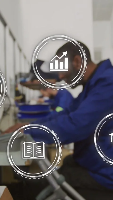 Vertical video: Camera zooming to lead operator sewing, HUD icons overlaying Stock Footage 331167224