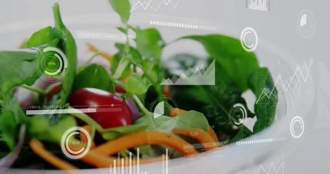 Vertical video: Camera zooming in on salad bowl, HUD dials, charts moving, Stock Footage 332275708