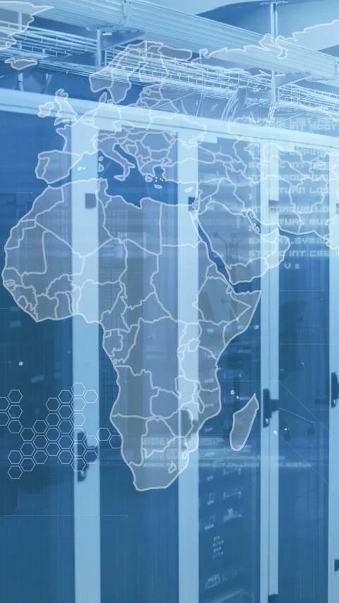 Vertical video: Camera zooming as world map fading over glass racks HUD rising Vidéo 332985146