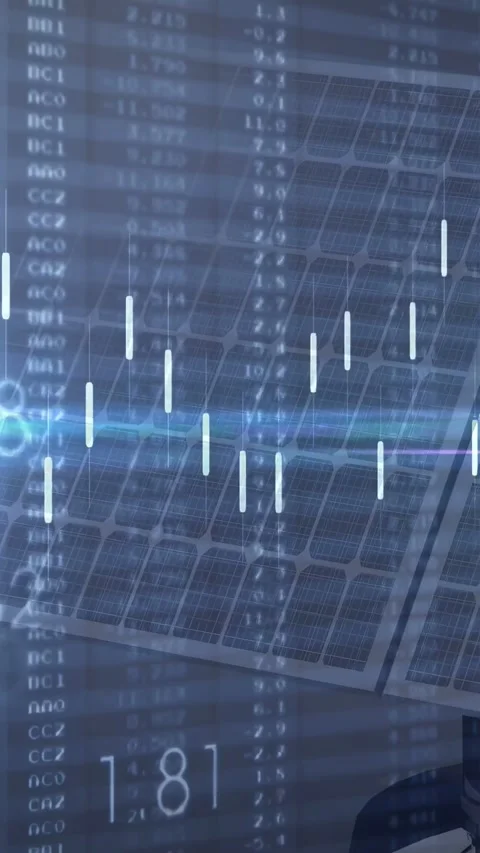 Vertical video: Candlestick overlay shifting after cyan flare passing, showing Stock Footage 334550073