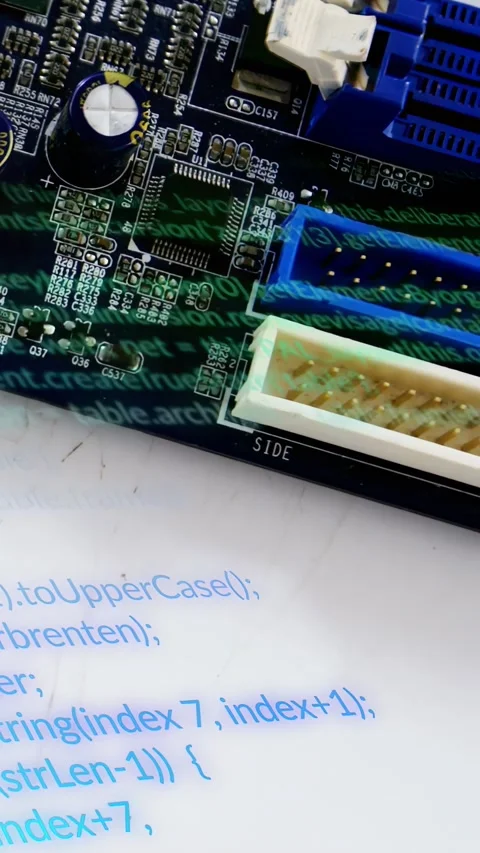 Vertical video: Capacitor focus cueing cam sweep across PCB, refocusing to show Stock Footage 332846234
