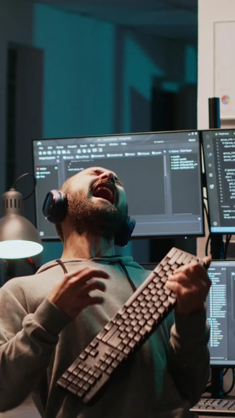 Vertical video: Careless html coder playing air guitar with keyboard Stock Footage 220332302