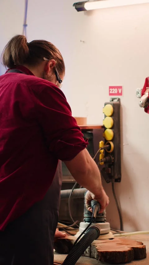 Vertical video Carpenter collaborating with apprentice, using orbital sander Video stock 271408518