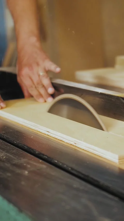 Vertical video. Carpenter cuts a board on a machine at a furniture factory Stock Footage 323451542