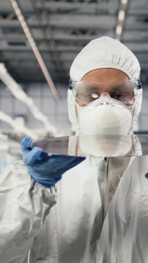 Vertical video Carrying silicon wafer, advanced materials trailing and careful Stock Footage 333614741
