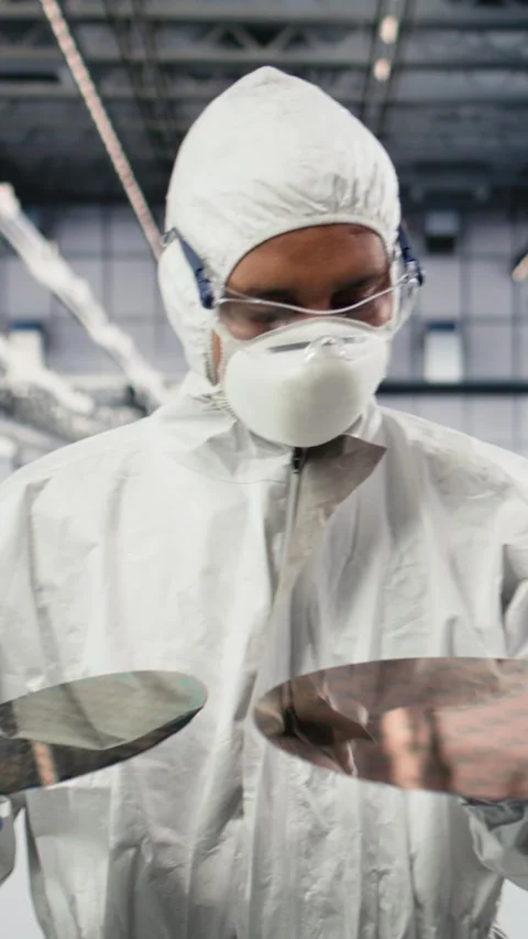 Vertical video Carrying silicon wafer, advanced materials trial and careful Stock Footage 333614835
