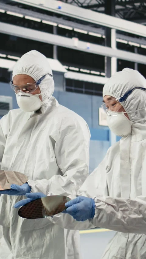 Vertical video Carrying silicon wafer, engineering and multiethnic team Video stock 333615078