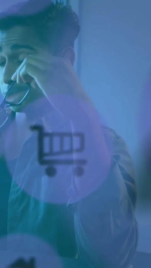 Vertical video: Cart code overlays popping, causing man fixing specs touching Stock Footage 334387150