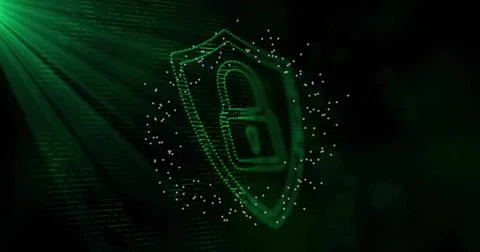 Vertical video: Causing data flow driving shield pulsing, padlock glowing, bits Illustrazione stock