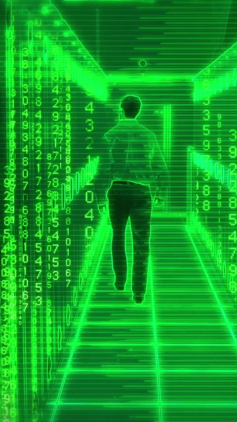 Vertical video: Ceiling sensor activating man walking aisle with green code Stock Footage 348637412