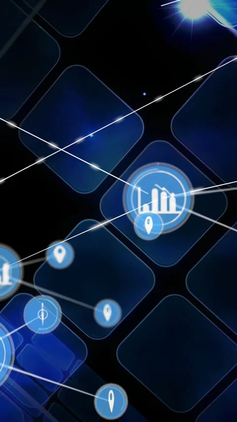 Vertical video: Center blue node pulsing, fanning lines and spawning orbiters to Stock Footage 331168755