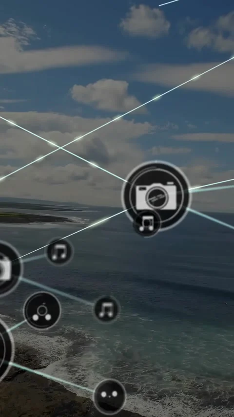 Vertical video: Center cam icon emitting lines sparking media web of music and Stock Footage 331077408
