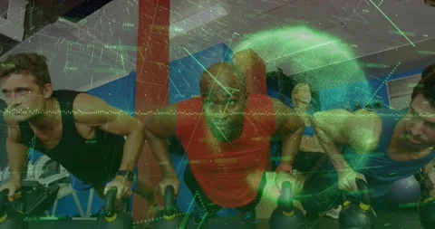 Vertical video: Center man in red starting kettlebell pushups for fitness HUD Stock Footage 331026539