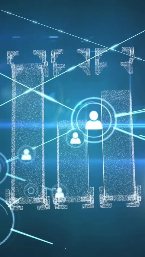 Vertical video: Center node with pulsing ring sending links outward and building 스톡 동영상 329756604