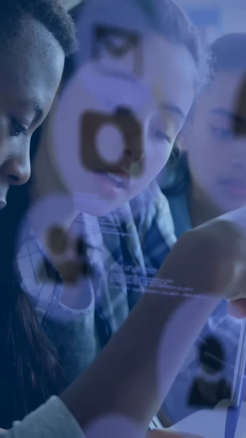 Vertical video: Center student lowering pen pointing tube watching for lab icons Stock Footage 332278044