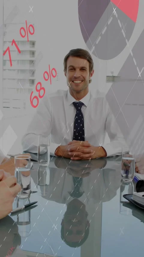 Vertical video: Centered man smiling while team shaking and activating charts Stock Footage 332278040