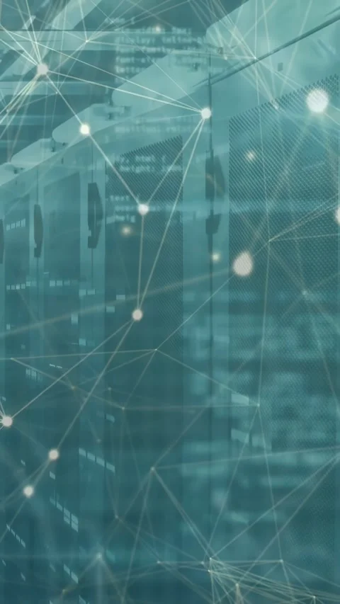 Vertical video: Centered server racks getting data, animated mesh densifying and Stock Footage 333006198