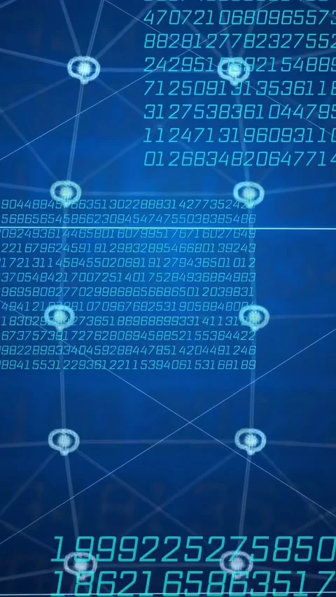 Vertical video: Central AI column reacting to crosshair, streaming digits, Stock Footage 332806615