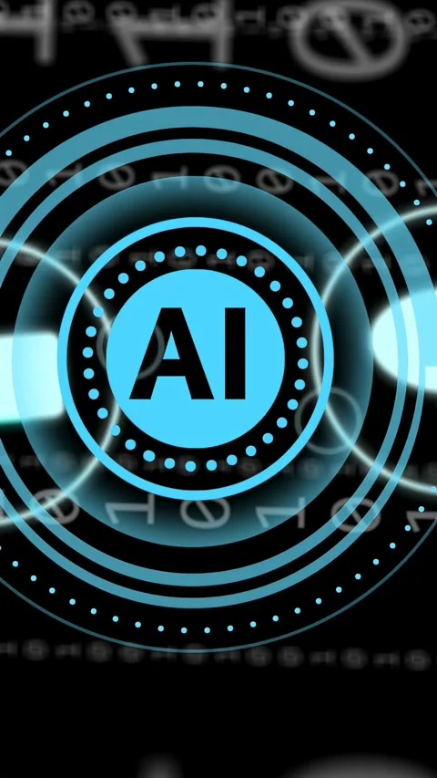 Vertical video: Central AI emblem starting, rotating, pulsing and orbiting Stock Footage 335678207