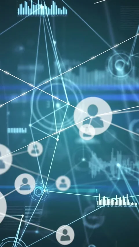 Vertical video: Central avatar driving network growth in tech UI, linking Stock Footage 334600569
