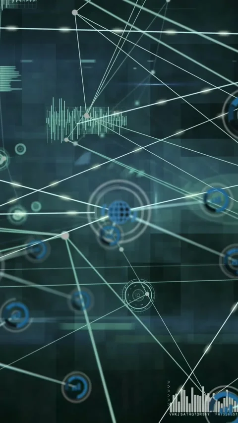 Vertical video: Central blue globe pulsing, starting lines connecting nodes and Stock Footage 331077376