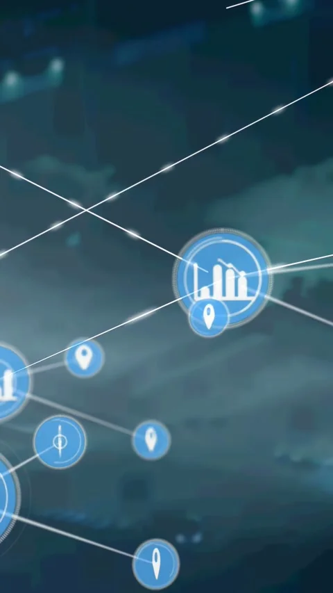 Vertical video: Central blue node appearing, HUD nodes extending lines, adding Video stock 333259767