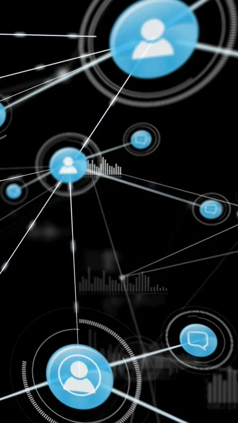 Vertical video: Central blue node appearing, animating and linking chat while Stock-Footage 337428171