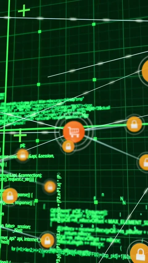 Vertical video: Central cart icon growing by orange dot, pulsing while locks Vidéo 332506992