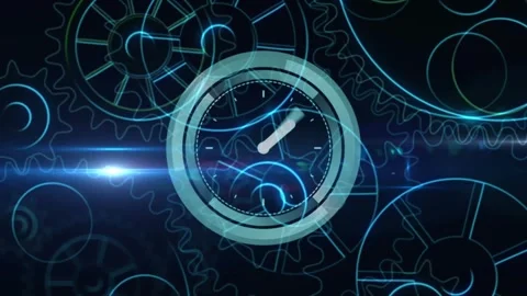Vertical video: Central clock forming ring, rotating hands, pulsing streaks Stock Footage 331176098
