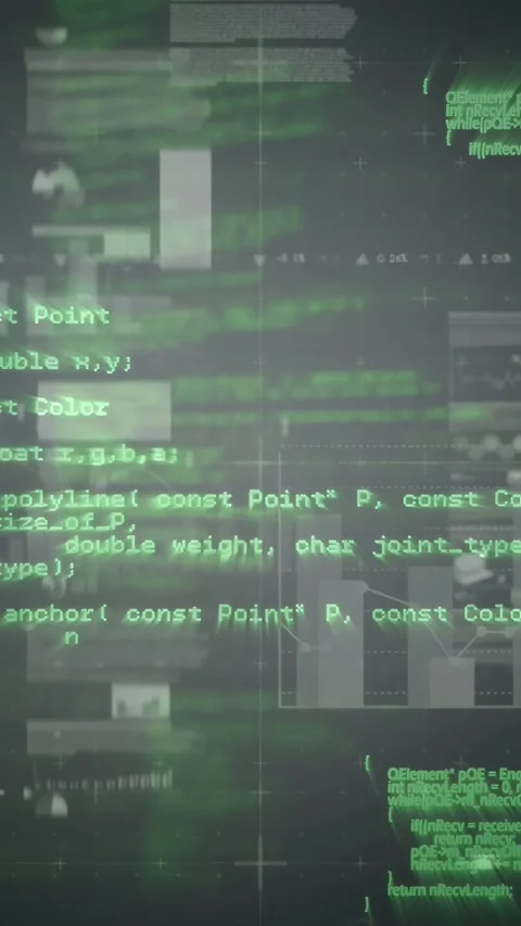 Vertical video: Central code overlay scrolling on data load, updating panels, Stock Footage 332775096