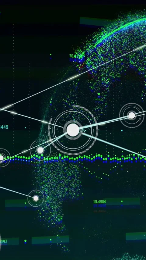 Vertical video: Central data hub pulsing, sending links and forming globe for Stock Footage 332846260