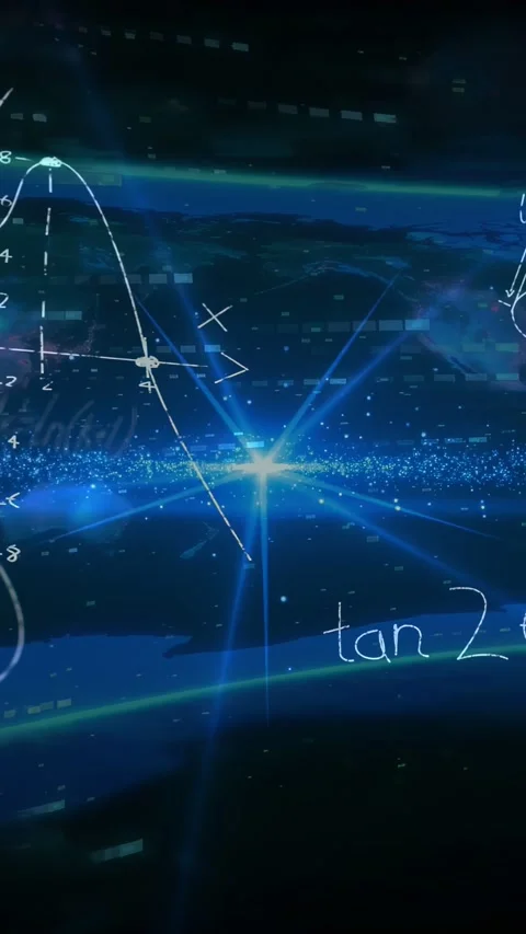 Vertical video: Central flare pulsing sends beams, causing math notes sliding in Stock Footage 335802821