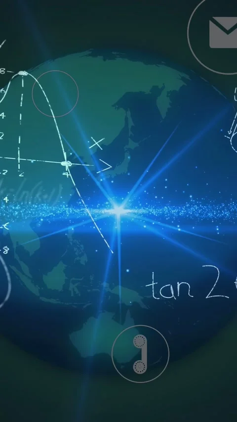 Vertical video: Central flare pulsing, globe rotating, icons drifting, math Stock Footage 335802824