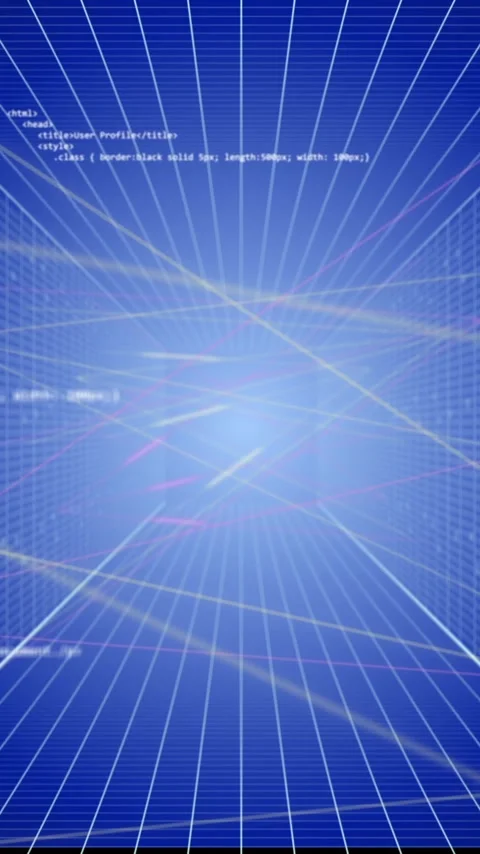 Vertical video: Central glow causing neon lines crossing grid, spawning code Stock Footage 348571218