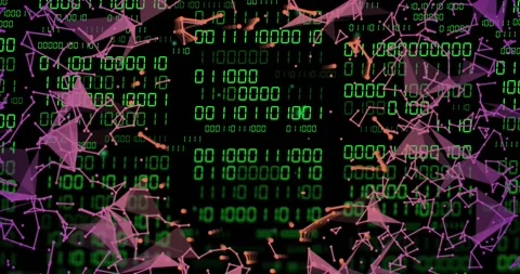 Vertical video: Central green binary matrix pulsing and drawing polygons framing Stock Footage 334038289