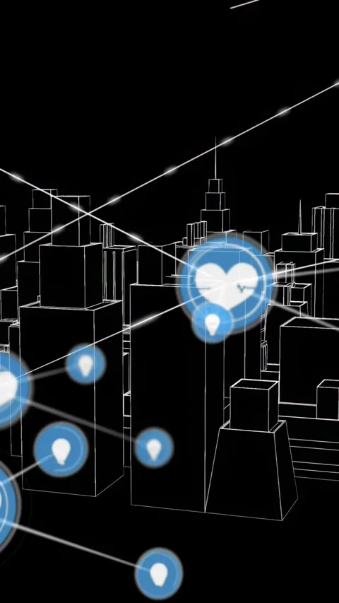 Vertical video: Central heart node pulsing, sending lines, seeding nodes to map Video stock 330396038