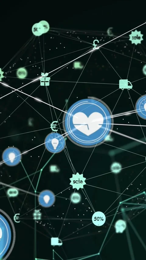 Vertical video: Central heart node pulsing sending beams after pan showing Vídeo Stock 331077443