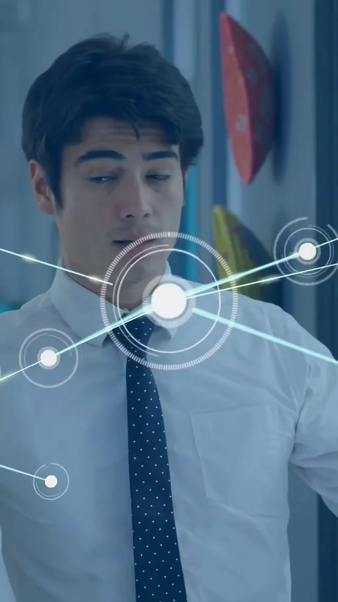 Vertical video: Central HUD appearing, man guiding and tracking network nodes Stock Footage 334319265