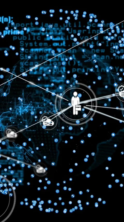 Vertical video: Central icon getting data ping, sending lines, linking nodes, Stock Footage 330965173