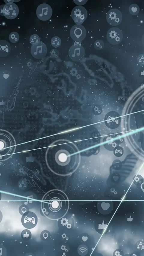 Vertical video: Central node appearing on globe, sparking nodes and beams, Video stock 334599203