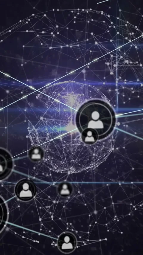 Vertical video: Central node pulsing, linking nodes outward, revealing expanding Video stock 330720740