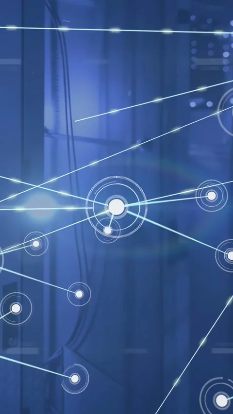 Vertical video: Central node pulsing, sending cyan beams, spawning nodes, Vidéo 334386379