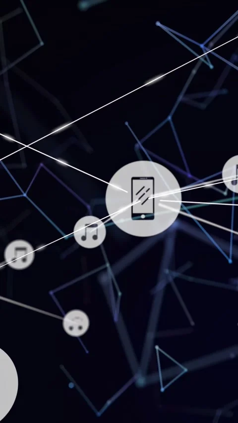 Vertical video: Central phone node sending pulses, linking music icons, forming Stock-Footage 331168689