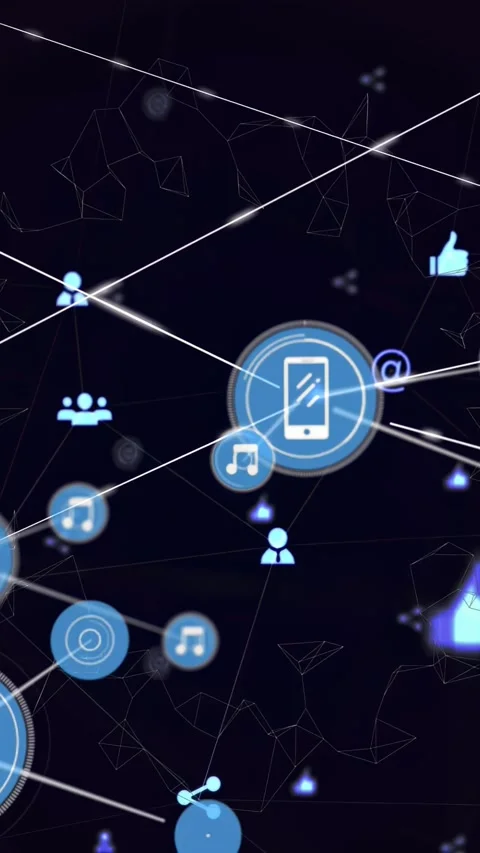 Vertical video: Central phone node pulsing, sending long beams as icons linking Stock Footage 332594887