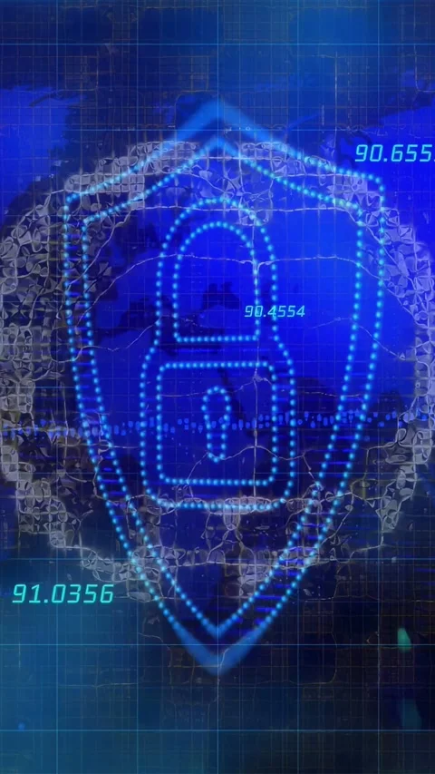 Vertical video: Central shield lock animating into focus after data pulse, Stock Footage 340133212