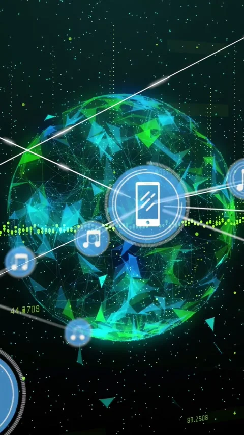 Vertical video: Central smartphone hub spawning nodes via data pulses, mapping Stock Footage 332595121